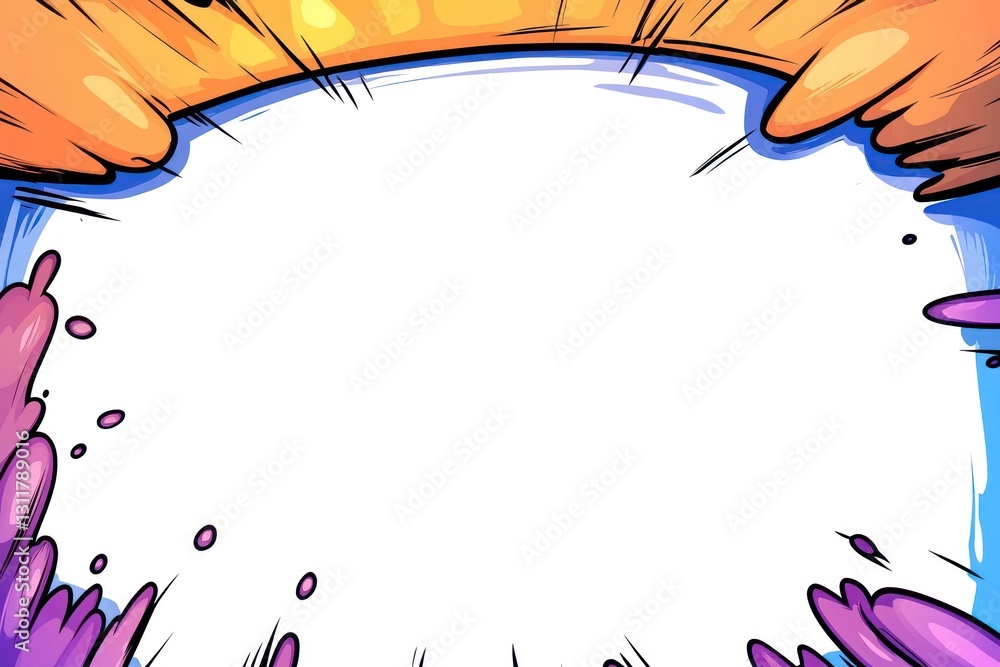 Poster cartoon splash expanding from center of frame against colorful background with action lines