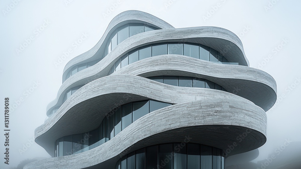 Poster modern architecture wavy building design in foggy weather