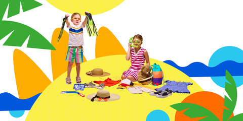 Kids excitedly unpacking travel essentials on beach, trying snorkeling gear, surrounded by summer clothes, hats, and sunglasses. Concept of childhood vacation, adventure, fun, travel preparation.