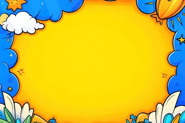 Cartoon sun, clouds, plants border blank golden center