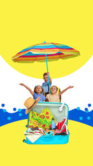 Fototapeta premium Excited children standing behind suitcase filled with travel essentials, holding colorful umbrella, celebrating joy of vacation under bright sun. Concept of childhood, adventure, summer, travelling