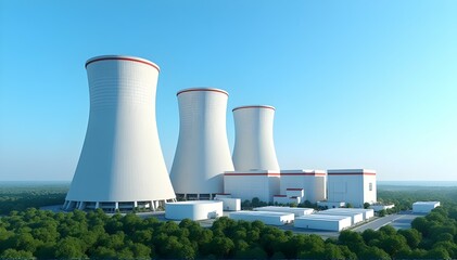 Fototapeta premium Modern Nuclear Power Plant with Cooling Towers Surrounded by Green Landscape