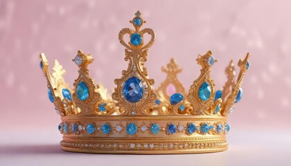 Obraz premium Ornate gold crown with precious jewels on a soft pink and blue gradient background, gold crown, velvet, expensive looking
