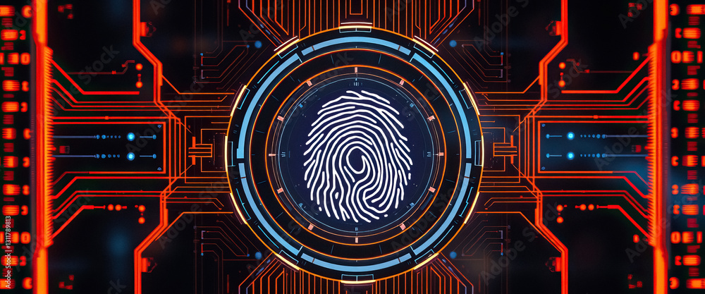 Aufkleber Futuristic fingerprint scan interface with glowing circuitry for identity and security