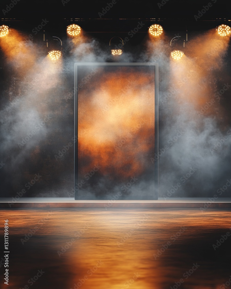 Poster abstract stage with smoke filled and spotlight illuminated rectangular frame backdrop reflecting war