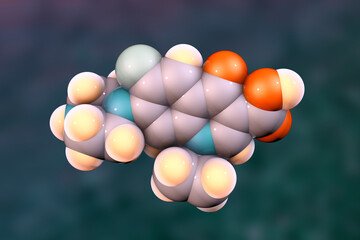 Molecular structure of ciprofloxacin antibiotic, 3D illustration
