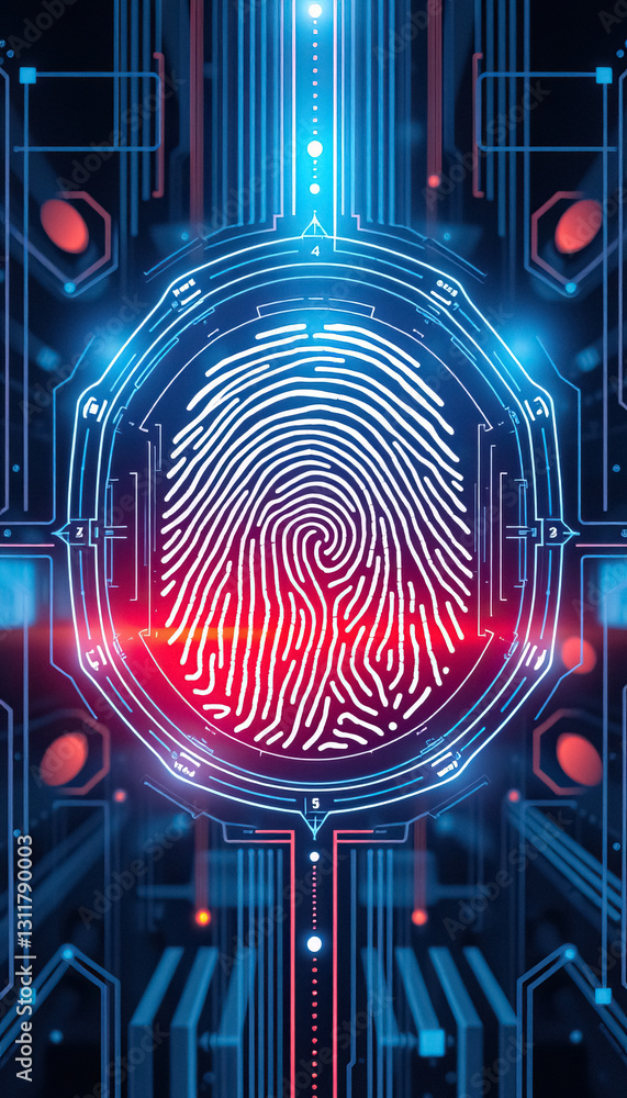 Poster glowing digital fingerprint is displayed against futuristic circuit board like background