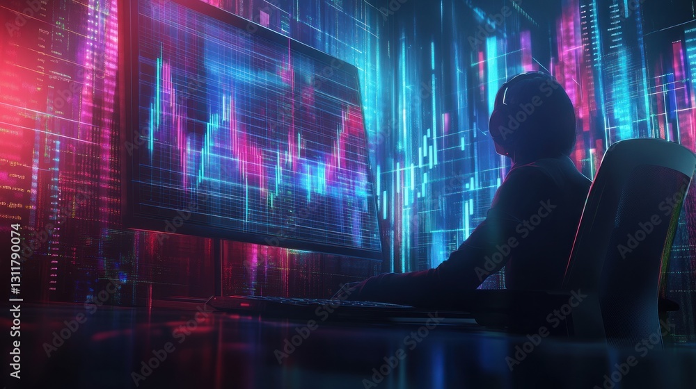 Poster analyzing stock market data on computer with neon city background