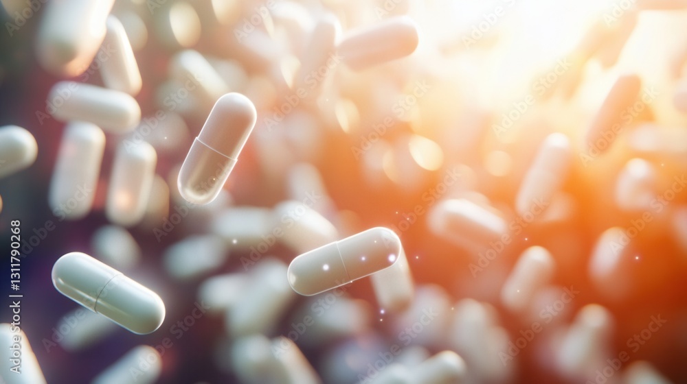Poster floating pills in a zero gravity environment with soft shadows and cinematic lighting, showcasing an