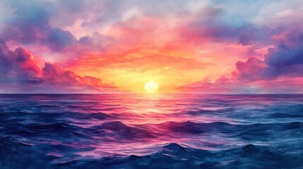 Dreamy watercolor sunset over the ocean with pink and purple skies, white background