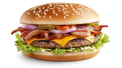 Craft Burger with Stacked Fresh Salad, Bacon and Melted Cheese