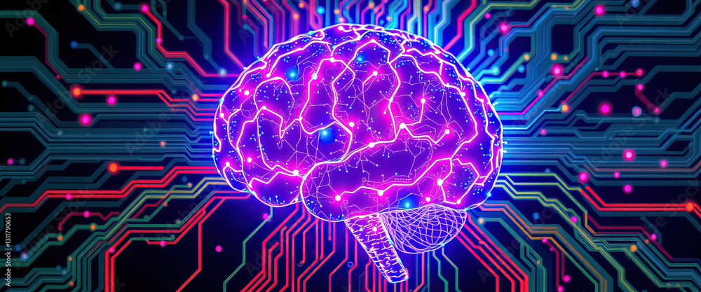 Poster neon brain sits amid circuit lines intelligence technology and innovation