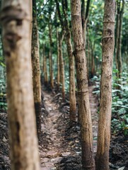 Obraz premium Serene path through a young plantation of neatly aligned trees