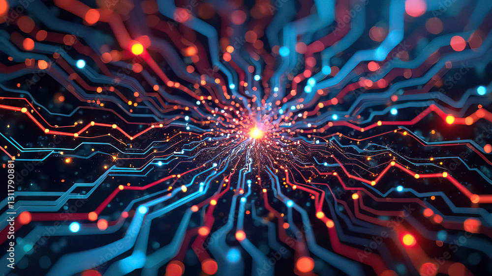 Poster Abstract Technology Network Interconnected blue and red lines with glowing nodes converging to point