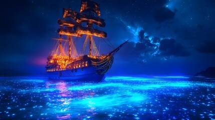 Fototapeta premium Glowing Ship at Night on Mystical Ocean with Starry Sky