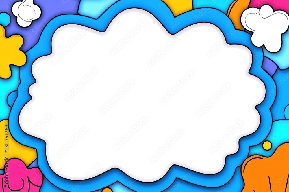Poster cartoonish frame, blob shape, colorful backdrop. empty field in middle, ideal for text or design