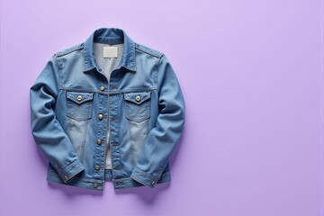 Fashionable denim jacket folded neatly on a pastel lavender backdrop