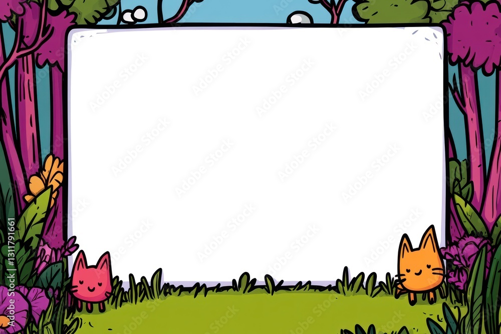 Poster cats stand near blank frame in whimsical forest meadow with colorful trees and sky background