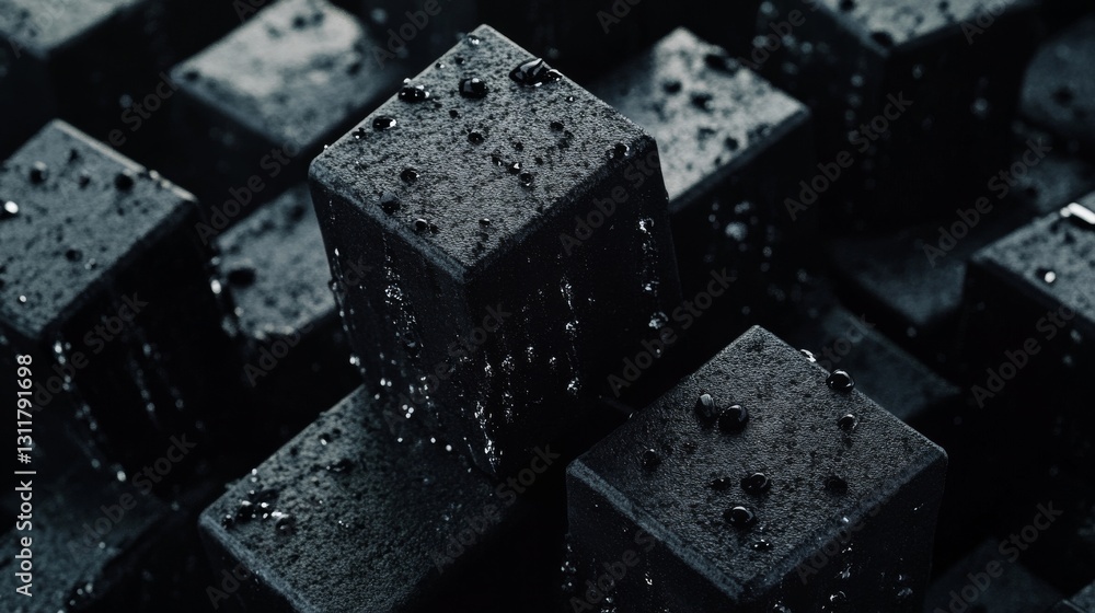 Poster a close-up view of multiple black cubes covered in water droplets, arranged in an abstract, geometri