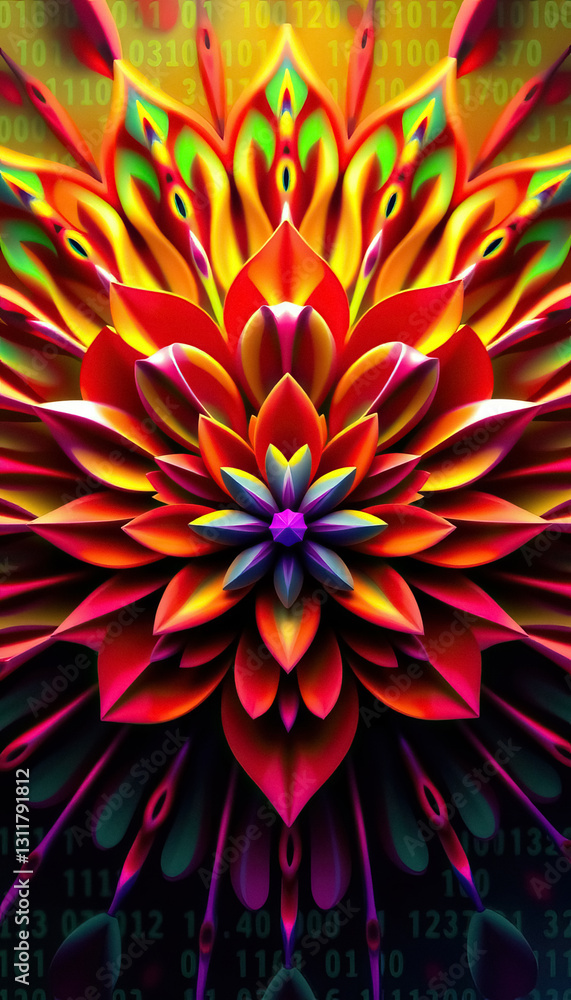 Poster Digital bloom vibrant abstract flower with binary code overlayed on warm colorful background