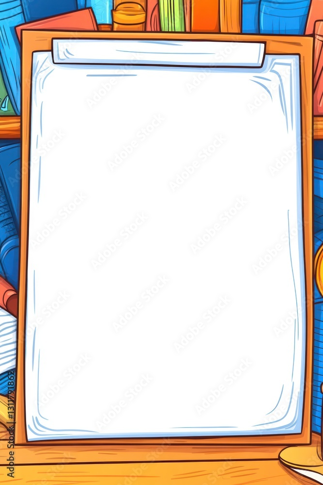 Poster Clipboard on desk before bookshelf, blank paper copy space for notes or design element template
