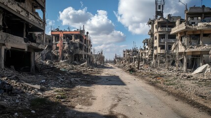 Fototapeta premium A bombed-out residential area with shattered windows, debris-covered roads, and a sense of despair