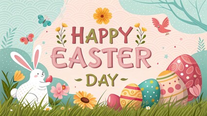 Joyful Easter Celebration with Colorful Eggs, Cheerful Bunny, and Nature Decor