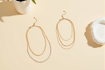 Elegant layered necklaces positioned on a pastel vanilla cream surface
