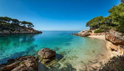 Fototapeta premium Generated image A tranquil beach scene at Cala Presili, with clear waters, rocks, and green pine trees