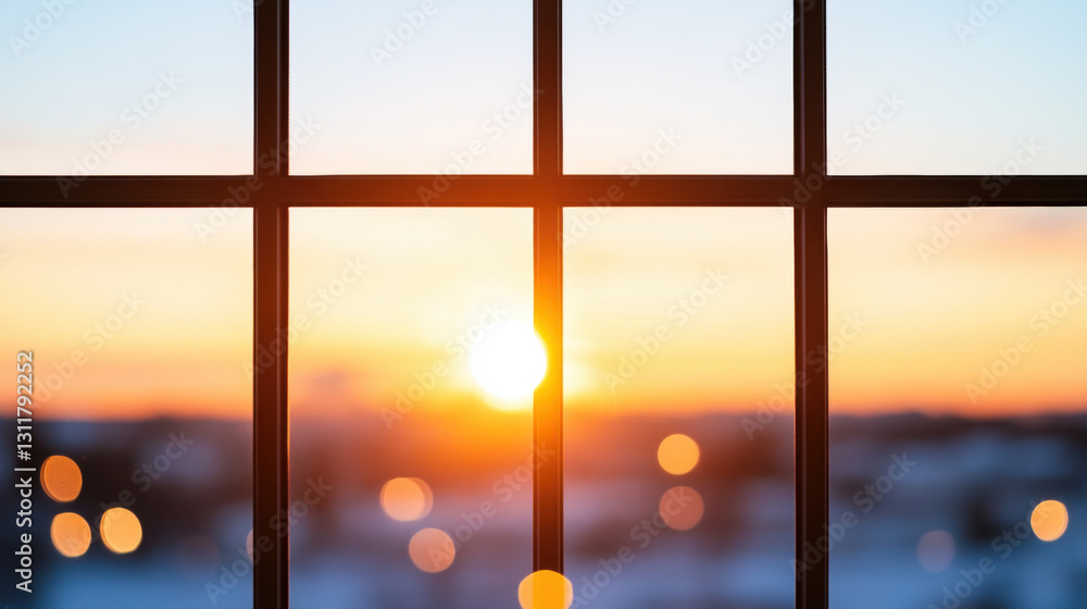 Aufkleber sunset view through a window with blurred lights creating a warm, serene atmosphere.