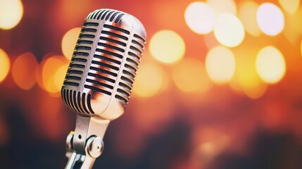 Vintage Microphone on Stage with Bokeh Background in Warm Tones