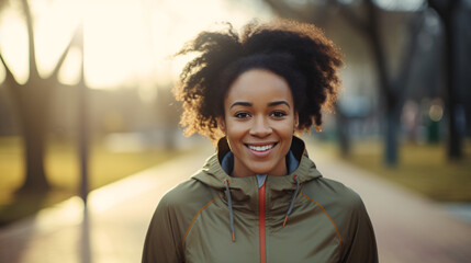 A smiling, beautiful African woman captured in a portrait, standing in an outdoor park.

