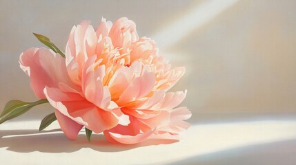Luxurious still life of a peach peony with soft shadows on a neutral pastel beige surface