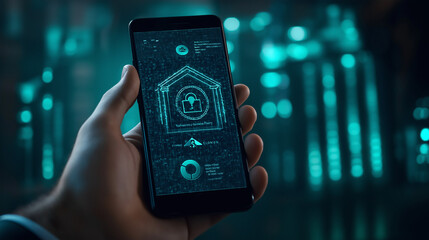 Blue-Toned Hand Engaging with Digital Banking Icon on a Dark Teal and White Contrast Background