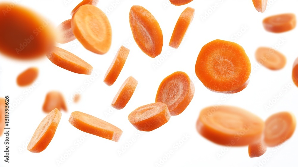 Poster close-up view of floating carrot slices suspended against a white background, emphasizing their vibr