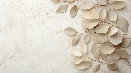 Minimalist botanical background featuring neutral beige leaves with fine textures and natural elegance