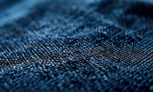 Close-up texture of blue woven fabric with focus on intricate threading