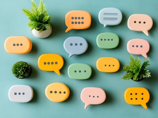 Colorful dialogue bubbles with plants on a blue backdrop