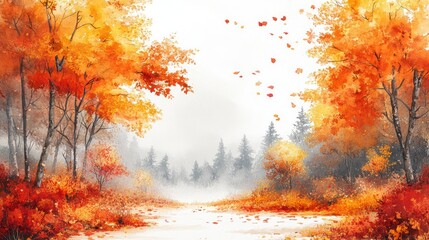 Enchanting watercolor autumn forest with warm golden and red leaves, white background