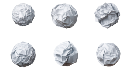 A group of crumpled paper balls in various crumple styles, isolated on a transparent background."