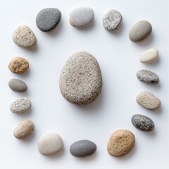 Abstract Business Leadership Management Mentor Isolation. A large stone surrounded by may smaller stones isolated on white 