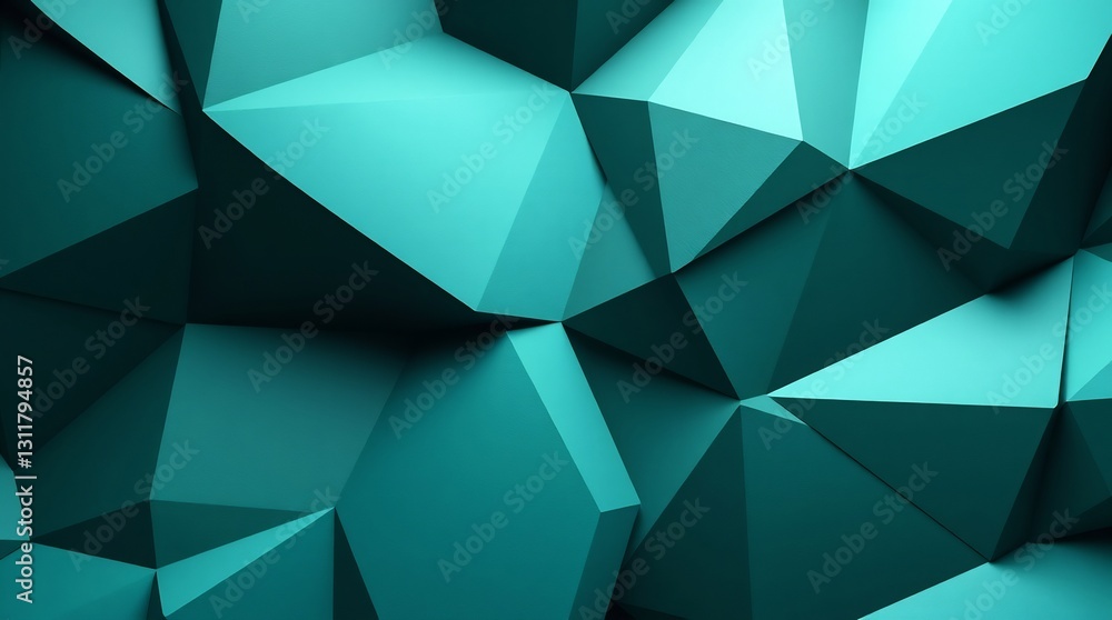 Poster dynamic abstract 3d background with teal and green polygon facets. creates a dimensional, textured, 