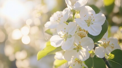 Romantic springtime moment featuring soft-focus white flowers blooming in a sunlit meadow