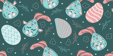 Seamless Doodle Happy Easter bunny and eggs pattern. Editable stroke. Background decorated with branches, dots. Vector hand drawn illustration in blue, pink colors. Isolated on green background	