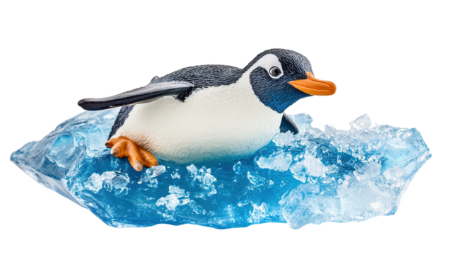 A playful penguin sliding on ice, isolated on a transparent backdrop.