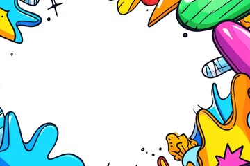 Naklejka premium Colorful doodle shapes creating frame on white background. Bright, fun border with blank copy space
