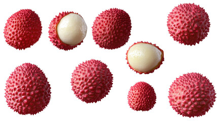 A fresh lychee, with some peeled and some unpeeled, isolated on a transparent background, showing the different textures