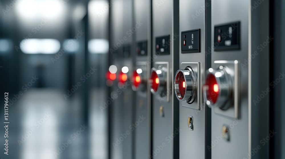Poster close-up of secure lockers with illuminated buttons in a modern facility.