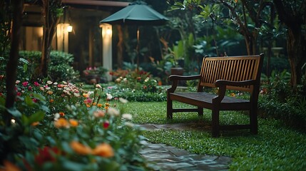 Obraz premium Serene garden with wooden bench at dusk, surrounded by lush greenery and colorful flowers.