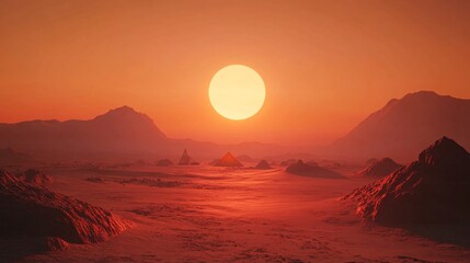 Breathtaking Martian Landscape with Vibrant Sunset and Distant Mountains in View